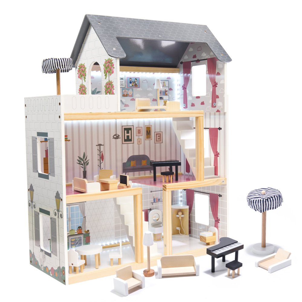 Maison de Poupée en Bois 78 cm — 3 Étages, LED & 16 Meubles